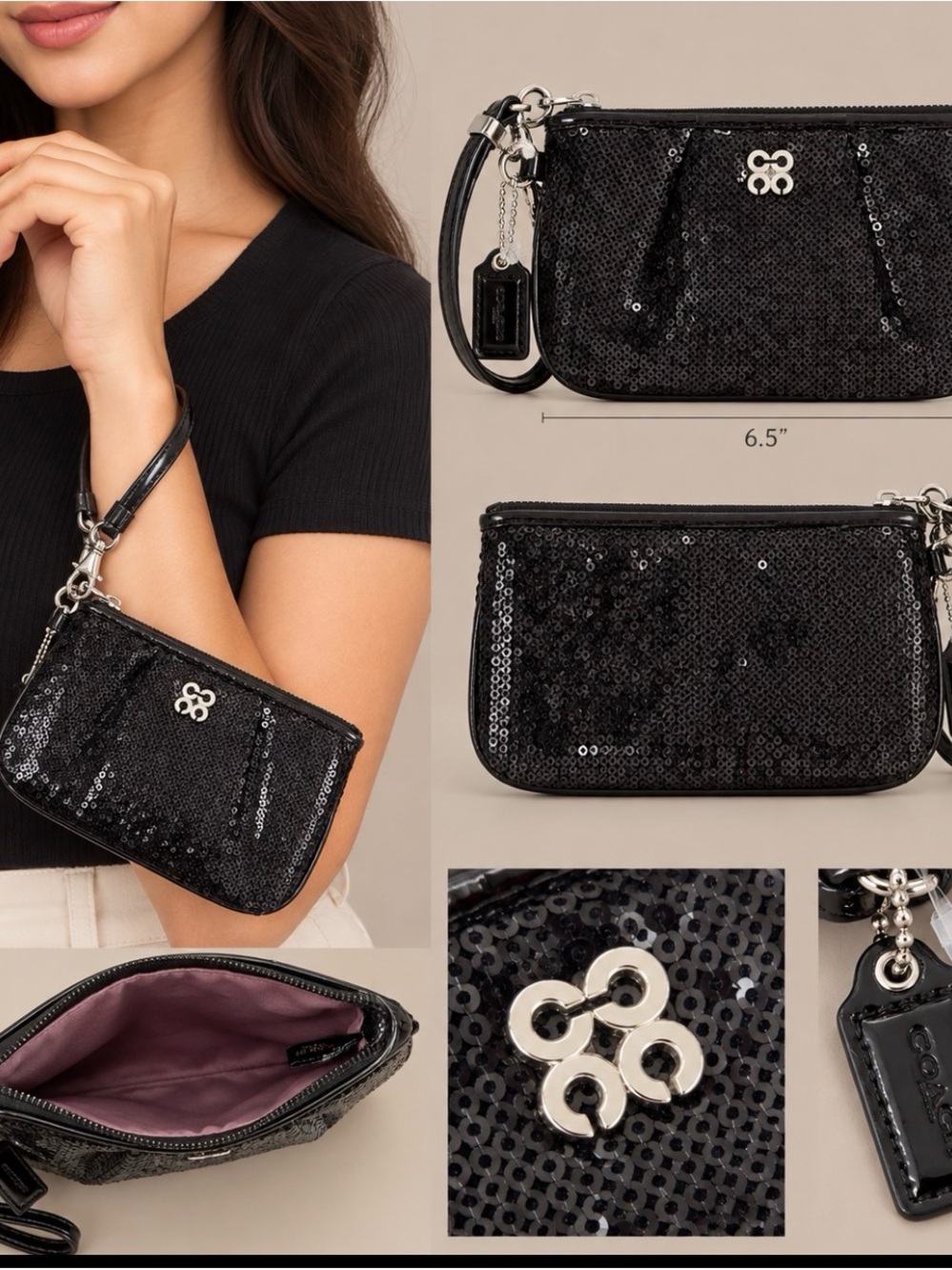COACH Black Sequin Wristlet with Silver Hardware LIKE NEW